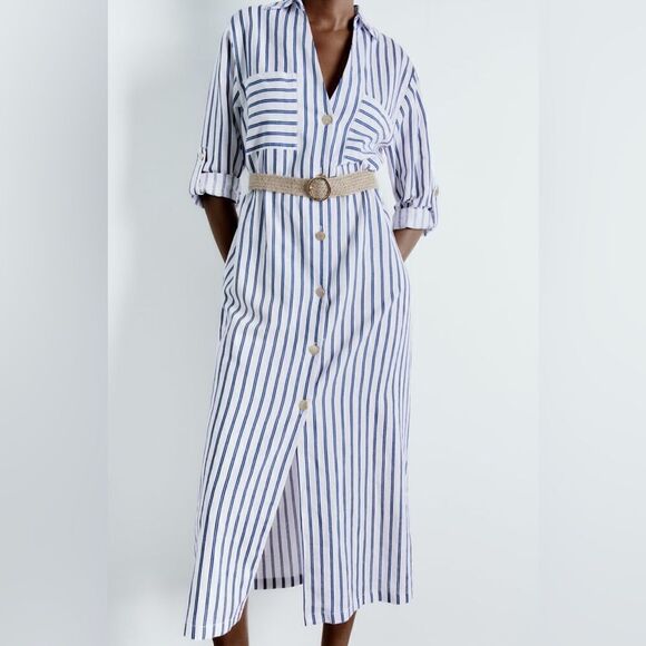 Zara Linen Blend Striped Belted Dress - Picture 9 of 9